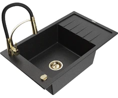 Granitinė virtuvinė plautuvė Mexen Elias su maišytuvu ir sifonu, Metallic juodas/sidabrinis+Juodas/Gold