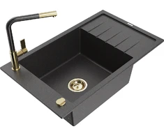 Granitinė virtuvinė plautuvė Mexen Elias su maišytuvu ir sifonu, Juodas granite+Juodas granite/Gold