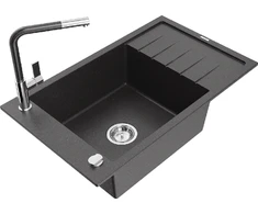 Granitinė virtuvinė plautuvė Mexen Elias su maišytuvu ir sifonu, Juodas granite+Juodas granite/Chrome