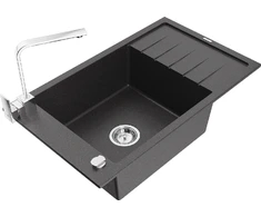 Granitinė virtuvinė plautuvė Mexen Elias su maišytuvu ir sifonu, Juodas granite+Chrome