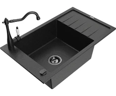 Granitinė virtuvinė plautuvė Mexen Elias su maišytuvu ir sifonu, Metallic juodas/sidabrinis+Juodas