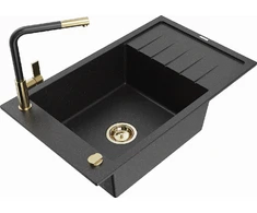 Granitinė virtuvinė plautuvė Mexen Elias su maišytuvu ir sifonu, Metallic juodas/sidabrinis+Juodas/Gold