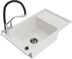 Granitinė virtuvinė plautuvė Mexen Elias su maišytuvu ir sifonu, Baltas+Juodas/Chrome