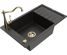 Granitinė virtuvinė plautuvė Mexen Elias su maišytuvu ir sifonu, Metallic juodas/auksinis+Gold
