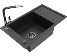 Granitinė virtuvinė plautuvė Mexen Elias su maišytuvu ir sifonu, Metallic juodas/sidabrinis+Juodas/Chrome