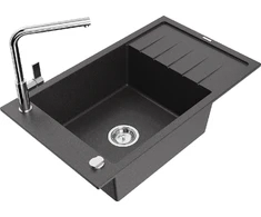 Granitinė virtuvinė plautuvė Mexen Elias su maišytuvu ir sifonu, Juodas granite+Chrome