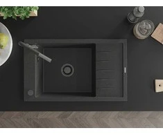 Granitinė virtuvinė plautuvė Mexen Elias su maišytuvu ir sifonu, Juodas granite+Juodas granite/Chrome