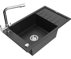 Granitinė virtuvinė plautuvė Mexen Elias su maišytuvu ir sifonu, Metallic juodas/sidabrinis+Chrome