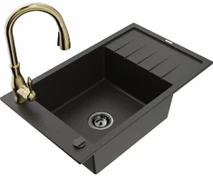 Granitinė virtuvinė plautuvė Mexen Elias su maišytuvu ir sifonu, Metallic juodas/auksinis+Gold