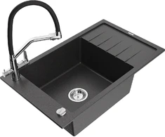 Granitinė virtuvinė plautuvė Mexen Elias su maišytuvu ir sifonu, Juodas granite+Juodas/Chrome
