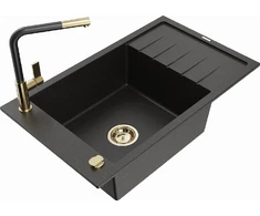 Granitinė virtuvinė plautuvė Mexen Elias su maišytuvu ir sifonu, Metallic juodas/auksinis+Juodas/Gold