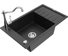 Granitinė virtuvinė plautuvė Mexen Elias su maišytuvu ir sifonu, Metallic juodas/sidabrinis+Chrome