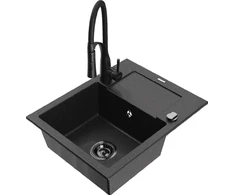Granitinė virtuvinė plautuvė Mexen Enzo su maišytuvu ir sifonu, Metallic juodas/sidabrinis+Juodas