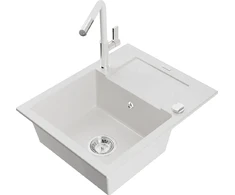 Granitinė virtuvinė plautuvė Mexen Enzo su maišytuvu ir sifonu, Baltas+Baltas/Chrome
