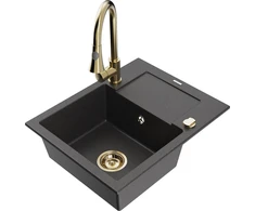 Granitinė virtuvinė plautuvė Mexen Enzo su maišytuvu ir sifonu, Juodas granite+Gold