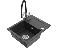 Granitinė virtuvinė plautuvė Mexen Enzo su maišytuvu ir sifonu, Juodas granite+Juodas/Chrome