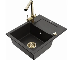 Granitinė virtuvinė plautuvė Mexen Enzo su maišytuvu ir sifonu, Metallic juodas/auksinis+Gold