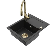 Granitinė virtuvinė plautuvė Mexen Enzo su maišytuvu ir sifonu, Metallic juodas/sidabrinis+Gold