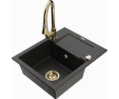 Granitinė virtuvinė plautuvė Mexen Enzo su maišytuvu ir sifonu, Metallic juodas/auksinis+Gold
