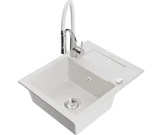 Granitinė virtuvinė plautuvė Mexen Enzo su maišytuvu ir sifonu, Baltas+Baltas/Chrome