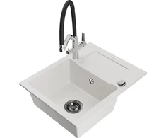 Granitinė virtuvinė plautuvė Mexen Enzo su maišytuvu ir sifonu, Baltas+Juodas/Chrome