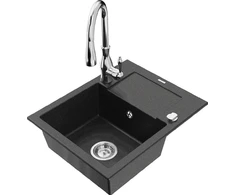 Granitinė virtuvinė plautuvė Mexen Enzo su maišytuvu ir sifonu, Metallic juodas/sidabrinis+Chrome
