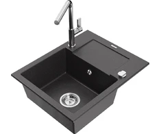 Granitinė virtuvinė plautuvė Mexen Enzo su maišytuvu ir sifonu, Juodas granite+Chrome