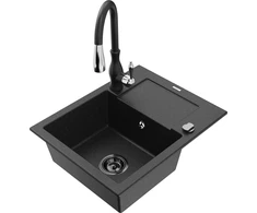 Granitinė virtuvinė plautuvė Mexen Enzo su maišytuvu ir sifonu, Metallic juodas/sidabrinis+Juodas