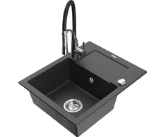 Granitinė virtuvinė plautuvė Mexen Enzo su maišytuvu ir sifonu, Juodas granite+Juodas/Chrome