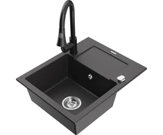 Granitinė virtuvinė plautuvė Mexen Enzo su maišytuvu ir sifonu, Juodas granite+Juodas