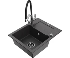 Granitinė virtuvinė plautuvė Mexen Enzo su maišytuvu ir sifonu, Juodas granite+Juodas/Chrome