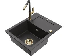 Granitinė virtuvinė plautuvė Mexen Enzo su maišytuvu ir sifonu, Juodas granite+Juodas granite/Gold