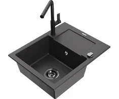 Granitinė virtuvinė plautuvė Mexen Enzo su maišytuvu ir sifonu, Juodas granite+Juodas