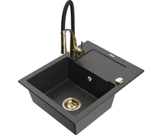 Granitinė virtuvinė plautuvė Mexen Enzo su maišytuvu ir sifonu, Juodas granite+Juodas/Gold