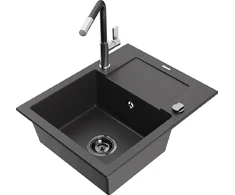 Granitinė virtuvinė plautuvė Mexen Enzo su maišytuvu ir sifonu, Juodas granite+Juodas/Chrome