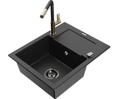 Granitinė virtuvinė plautuvė Mexen Enzo su maišytuvu ir sifonu, Metallic juodas/sidabrinis+Juodas/Gold