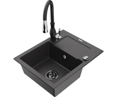 Granitinė virtuvinė plautuvė Mexen Enzo su maišytuvu ir sifonu, Juodas granite+Juodas
