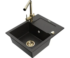 Granitinė virtuvinė plautuvė Mexen Enzo su maišytuvu ir sifonu, Metallic juodas/auksinis+Gold