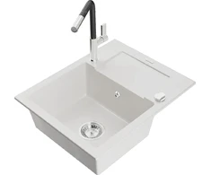 Granitinė virtuvinė plautuvė Mexen Enzo su maišytuvu ir sifonu, Baltas+Juodas/Chrome