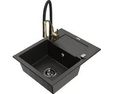 Granitinė virtuvinė plautuvė Mexen Enzo su maišytuvu ir sifonu, Metallic juodas/auksinis+Juodas/Gold