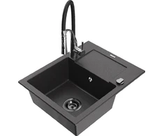 Granitinė virtuvinė plautuvė Mexen Enzo su maišytuvu ir sifonu, Juodas granite+Juodas/Chrome