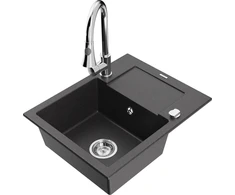 Granitinė virtuvinė plautuvė Mexen Enzo su maišytuvu ir sifonu, Juodas granite+Chrome
