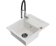 Granitinė virtuvinė plautuvė Mexen Enzo su maišytuvu ir sifonu, Baltas+Juodas/Chrome