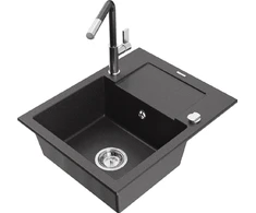 Granitinė virtuvinė plautuvė Mexen Enzo su maišytuvu ir sifonu, Juodas granite+Juodas granite/Chrome