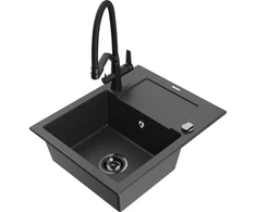 Granitinė virtuvinė plautuvė Mexen Enzo su maišytuvu ir sifonu, Juodas granite+Juodas