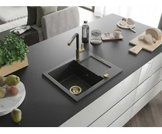 Granitinė virtuvinė plautuvė Mexen Enzo su maišytuvu ir sifonu, Juodas granite+Juodas/Gold