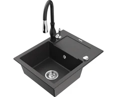 Granitinė virtuvinė plautuvė Mexen Enzo su maišytuvu ir sifonu, Juodas granite+Juodas