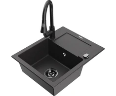 Granitinė virtuvinė plautuvė Mexen Enzo su maišytuvu ir sifonu, Juodas granite+Juodas