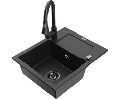 Granitinė virtuvinė plautuvė Mexen Enzo su maišytuvu ir sifonu, Metallic juodas/sidabrinis+Juodas