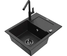 Granitinė virtuvinė plautuvė Mexen Enzo su maišytuvu ir sifonu, Metallic juodas/sidabrinis+Juodas